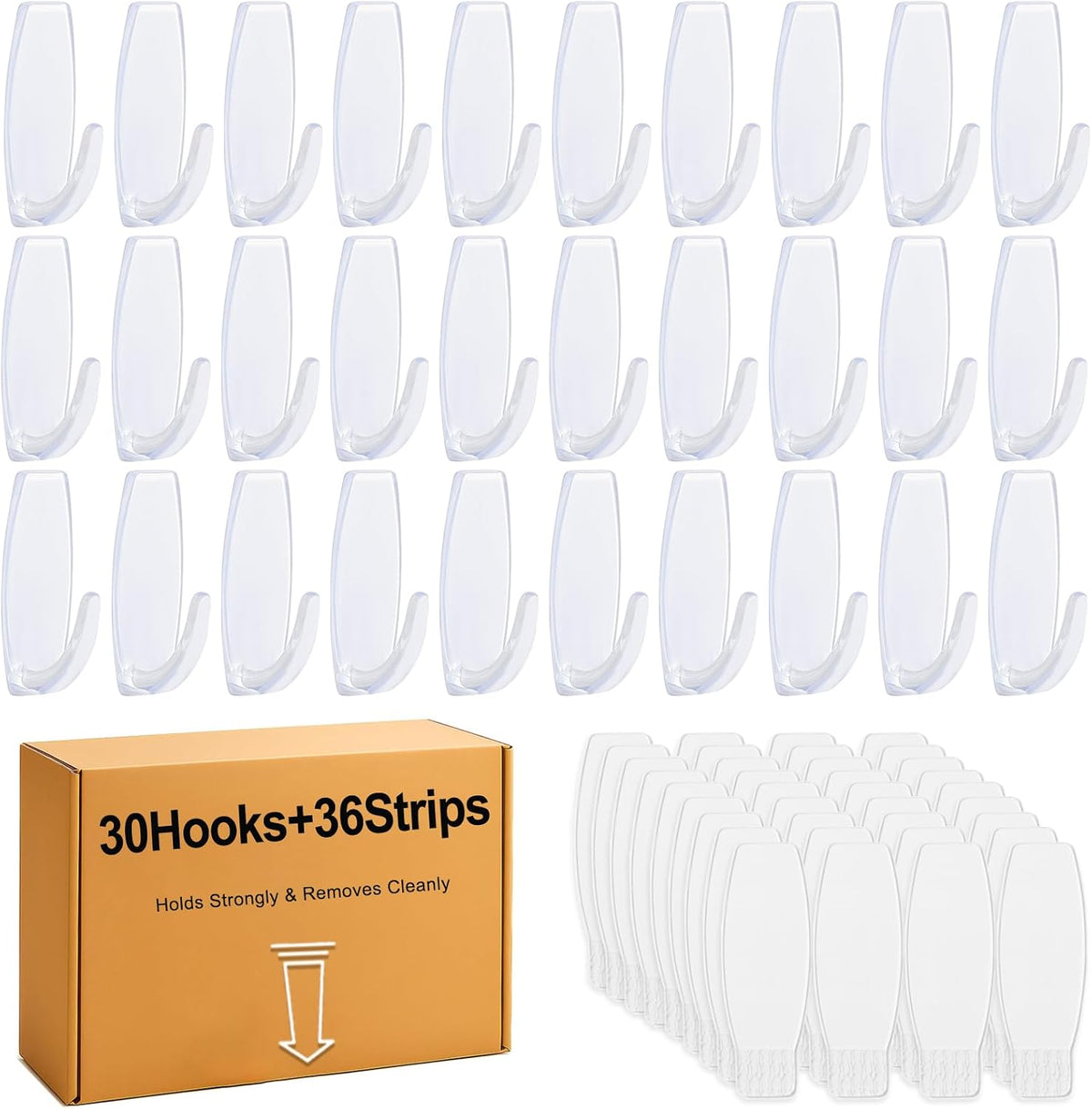 30 Large Hooks+36 Strips, Clear Utility Hooks with Removable Strips Damage-Free, Wall Hooks Heavy Duty for Hanging Home Decor, Value Pack