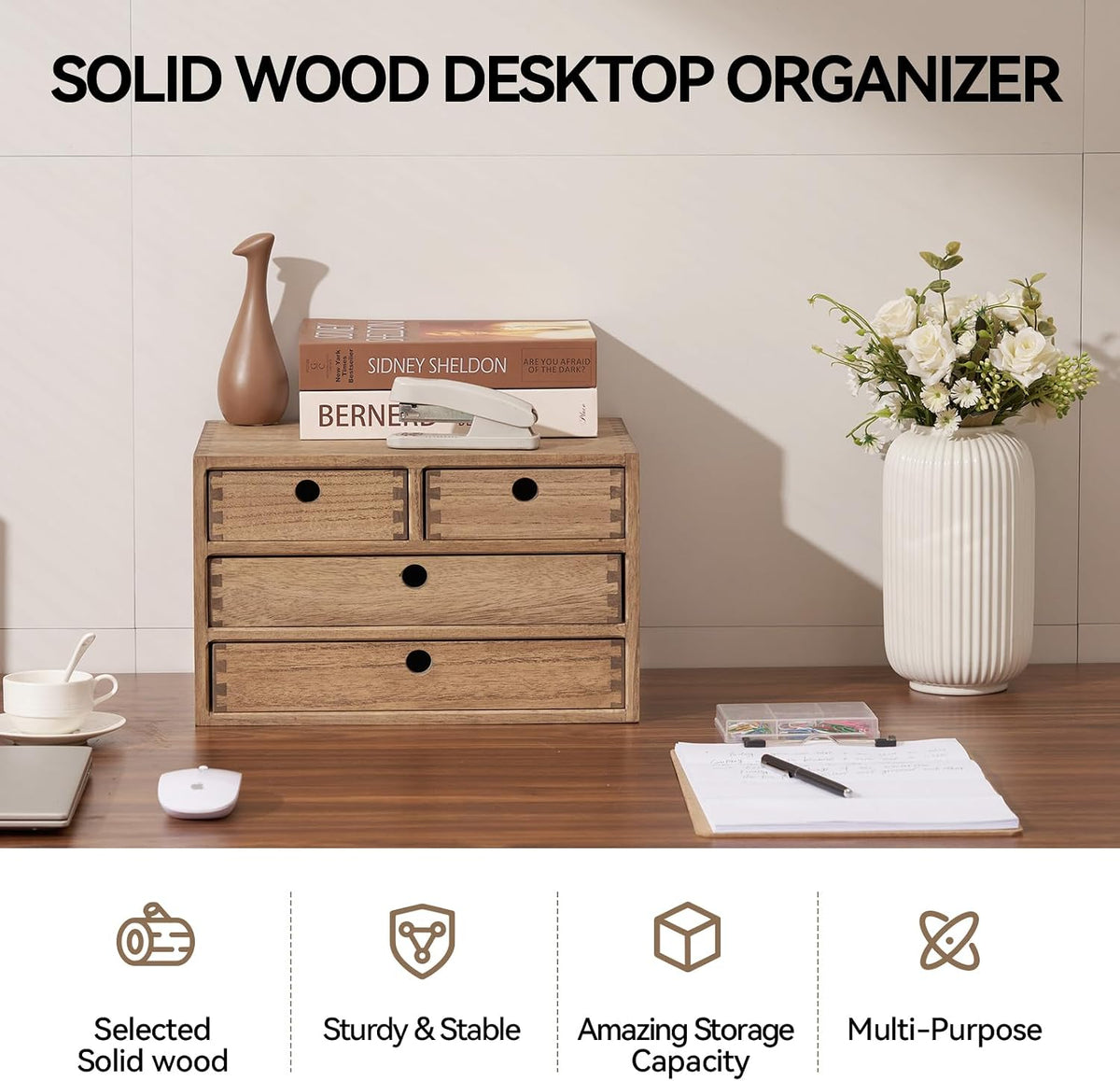 KIRIGEN Wood Desk Organizer with 4 Drawers, Desktop Storage, Brown 34-DBR