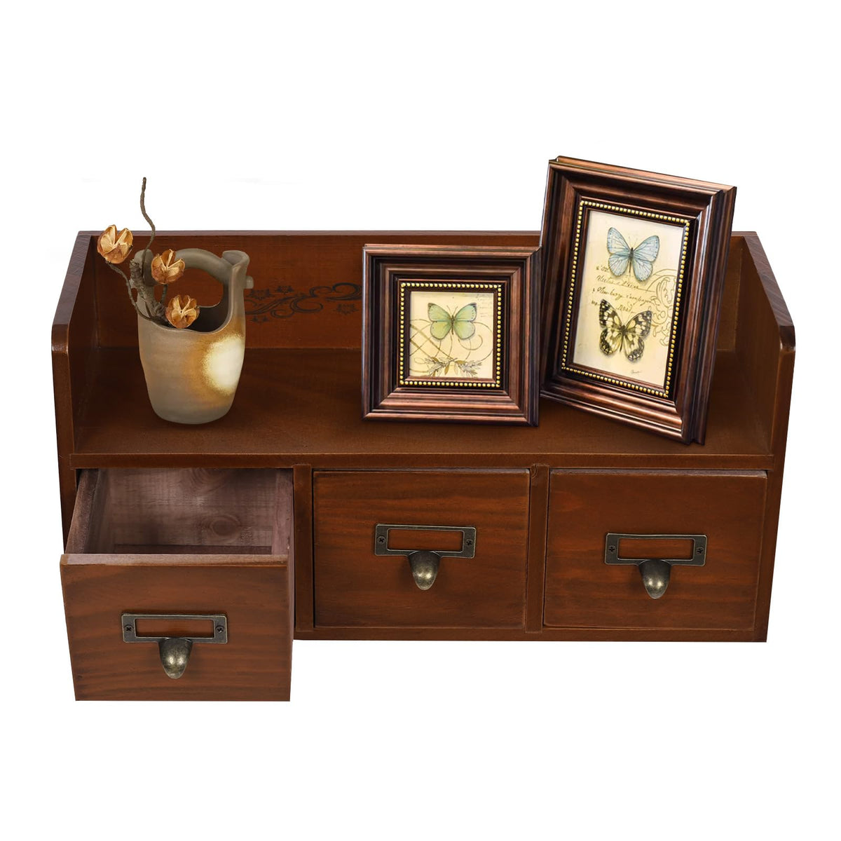 Vintage Desktop Organizing Cabinet 6 Drawers Pine Wood Retro Desk Storage