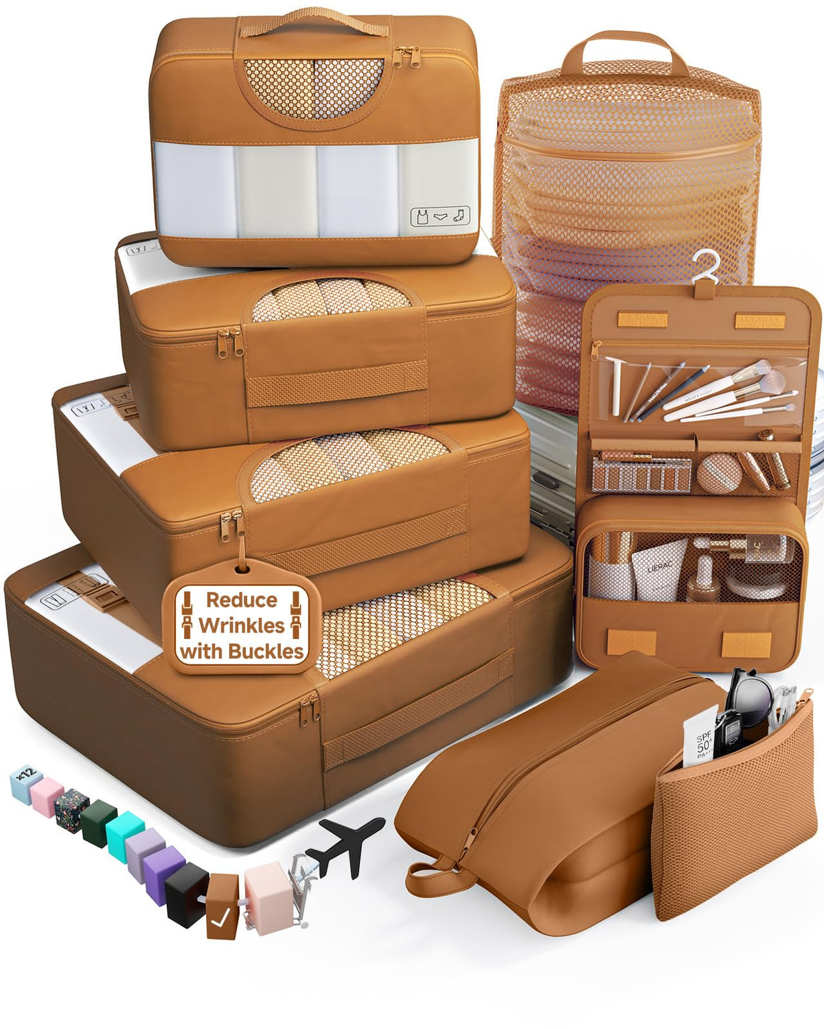 Veken 8 Set Packing Cubes for Travel Essentials,Anti-Wrinkle Buckled Suitcase Organizer for Shoe & Toiletry Bag,Carry On Luggage Bag with 99+ Count Mesh Holes for Airplane & College Dorm Accessories
