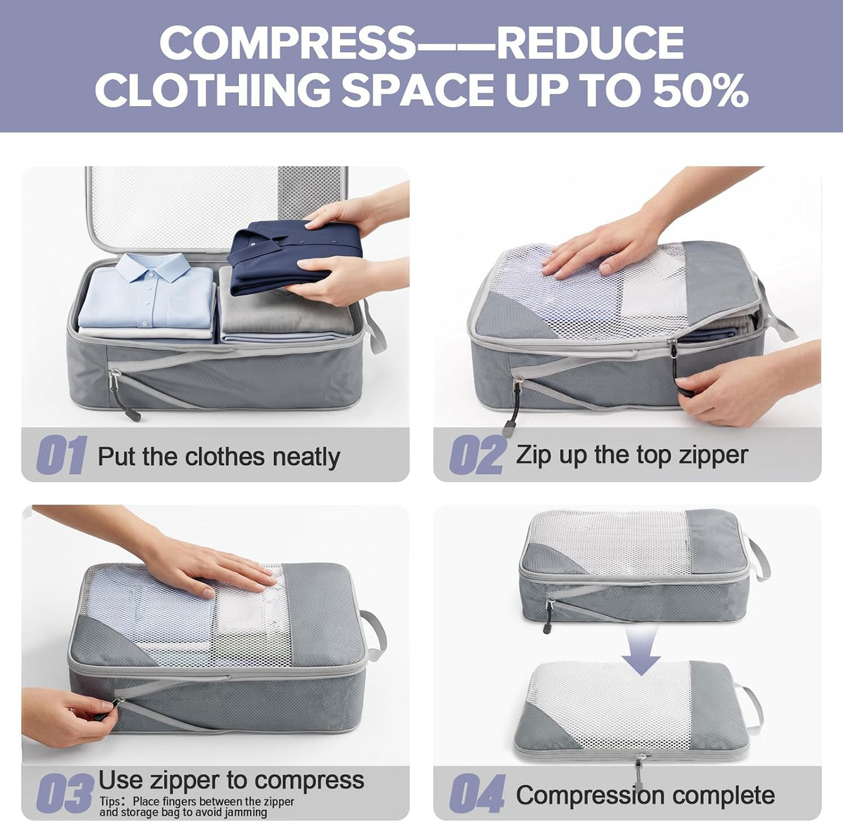 Sutinban 7-Piece Compression Packing Cubes for Travel, 6 Expandable Luggage Organizer Bags and Shoe Bag, Water-Resistant Mesh Suitcase Organizers, Grey