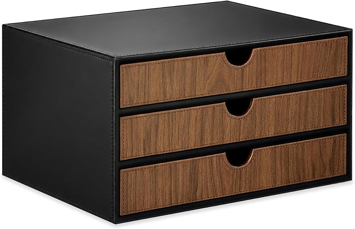 UnionBasic Document Organizer, 3-Drawer File Cabinet Document Storage Box, Office Desktop Filing Organizer, Black with Wood Grain Drawers