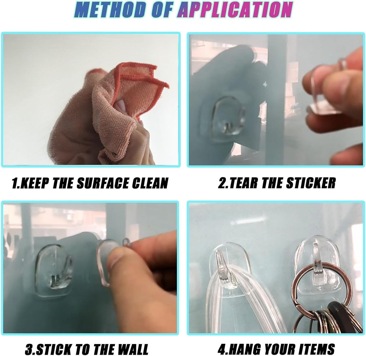50 PCS Traceless Clear Plastic Adhesive Hooks No Damage Transparent Reusable Seamless Hooks Sticky Hangers with Non Marking Sticker for Kitchen Bathroom Bedroom Office Wall(3*2.4Cm/1.18*0.94Inches)