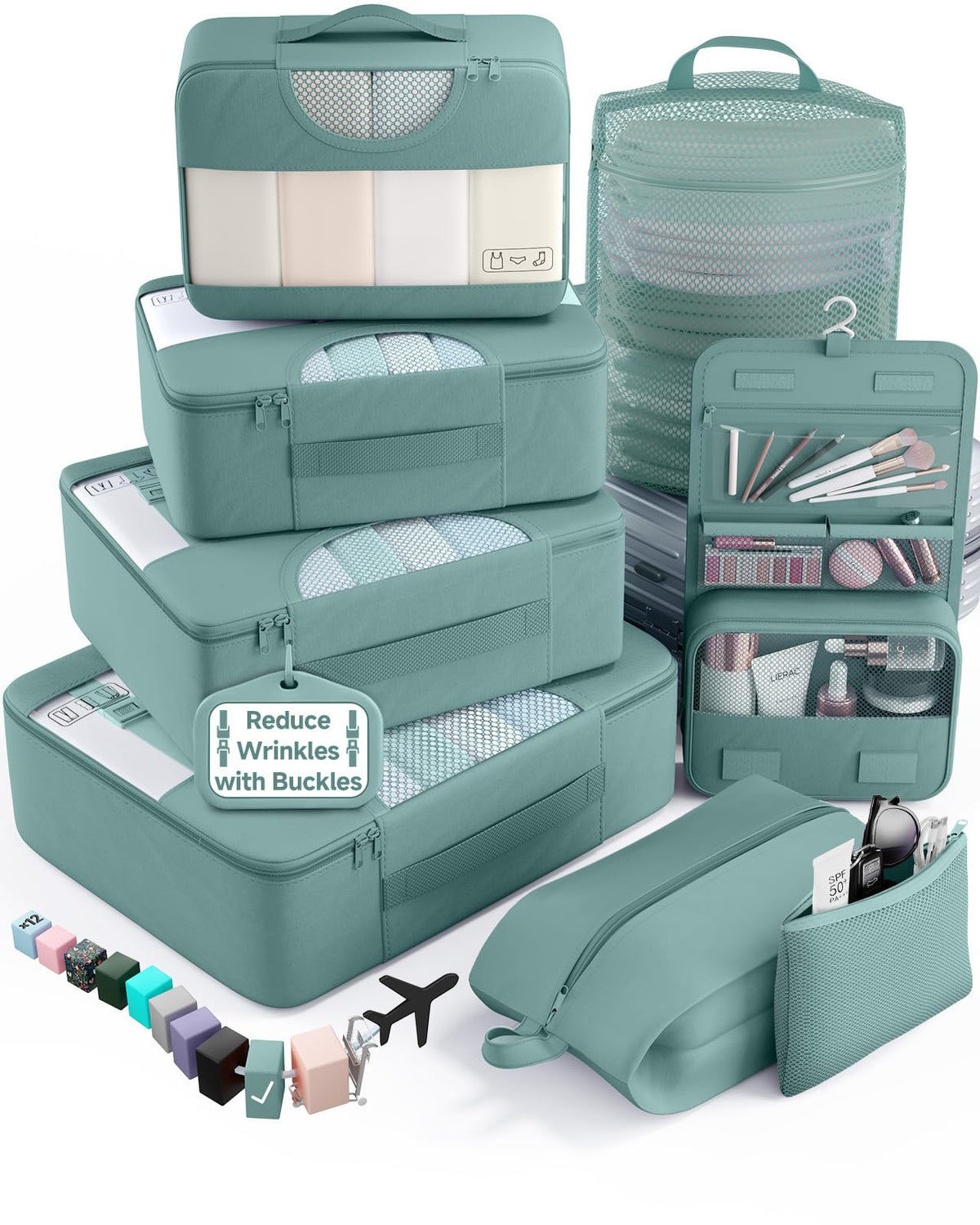 Veken 8 Set Packing Cubes for Travel Essentials,Anti-Wrinkle Buckled Suitcase Organizer for Shoe & Toiletry Bag,Carry On Luggage Bag with 99+ Count Mesh Holes for Airplane & College Dorm Accessories