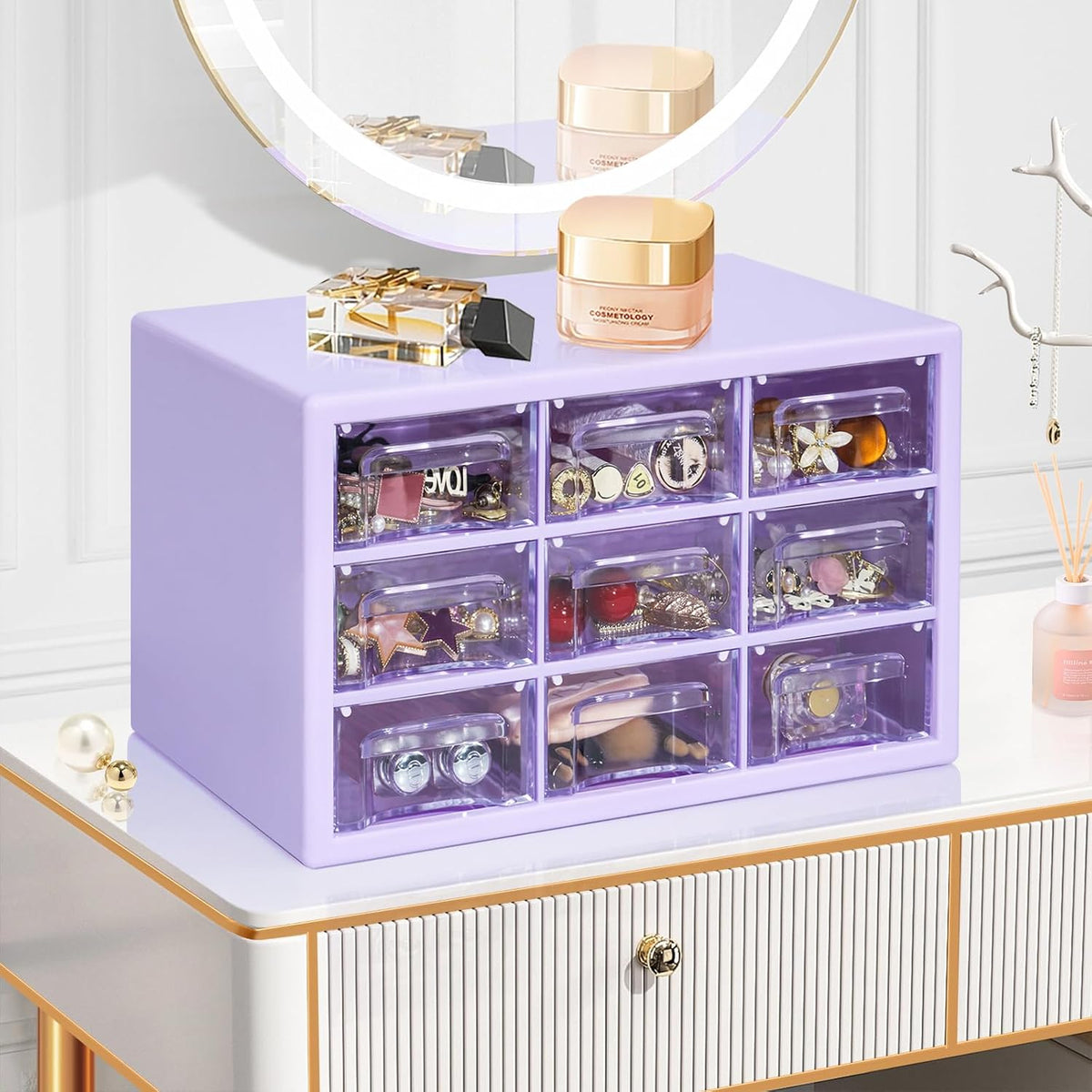 Desk Storage Organizer with 9 Drawers, Clear Plastic Storage Cabinet, Stackable Desk Storage Box for Makeup Office Craft Hardware Art Supplies,9.8x6.3x5.9inch(Purple)