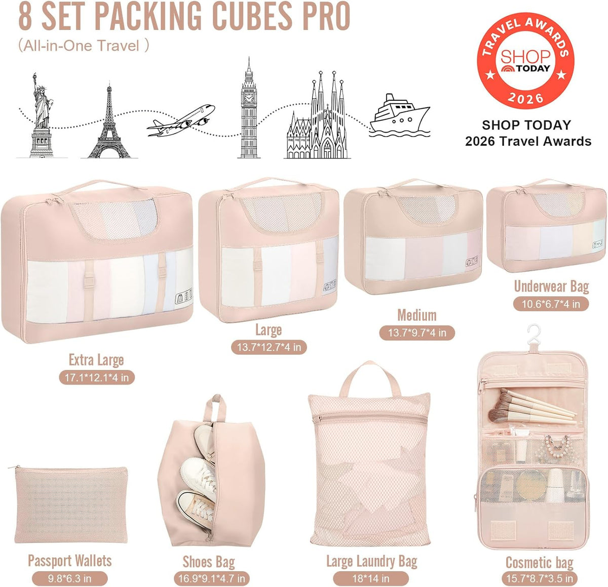 Veken 8 Set Packing Cubes for Travel Essentials,Anti-Wrinkle Buckled Suitcase Organizer for Shoe & Toiletry Bag,Carry On Luggage Bag with 99+ Count Mesh Holes for Airplane & College Dorm Accessories