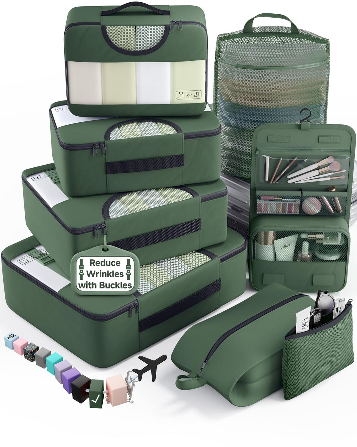 Veken 8 Set Packing Cubes for Travel Essentials,Anti-Wrinkle Buckled Suitcase Organizer for Shoe & Toiletry Bag,Carry On Luggage Bag with 99+ Count Mesh Holes for Airplane & College Dorm Accessories