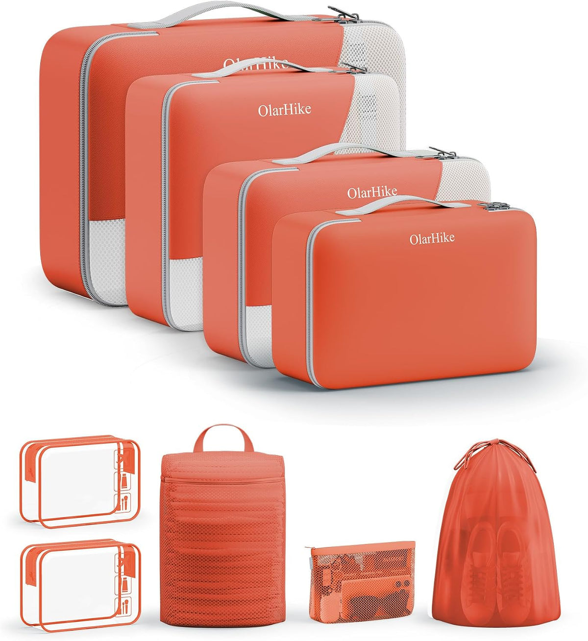 OlarHike Packing Cubes for Travel,Gifts for Women Mom,Anti-Tearing Suitcase Organizer for Luggage with Shoe & Hanging Toiletry Bag,Vacation Essentials & Accessories for Cruise Ship,11 Set,Orange
