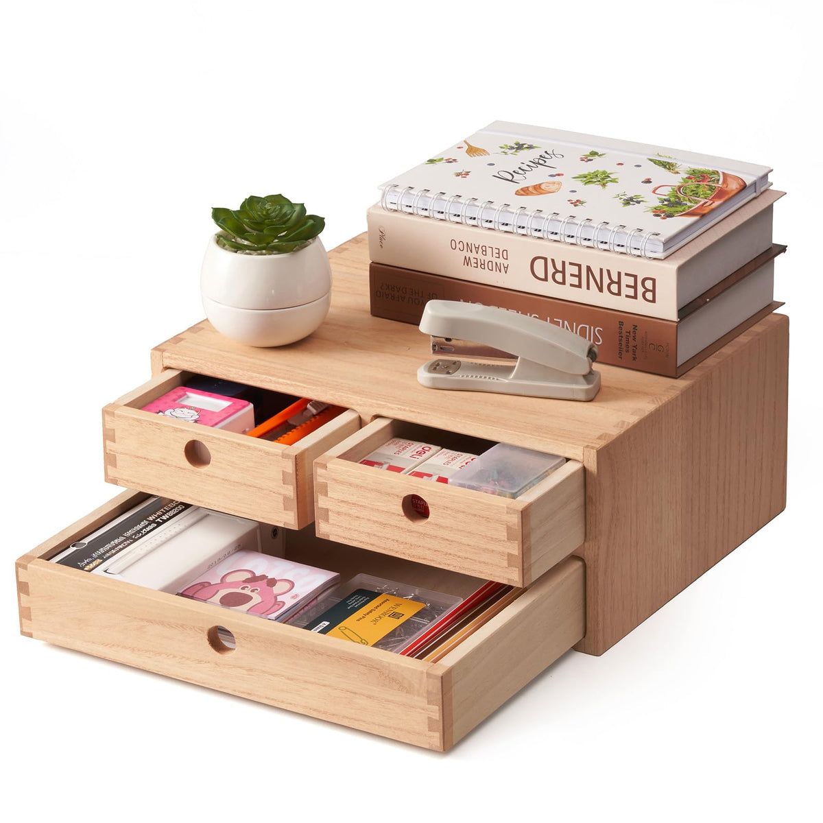 KIRIGEN Wood Desk Organizer with 4 Drawers, Desktop Storage, Brown 34-DBR