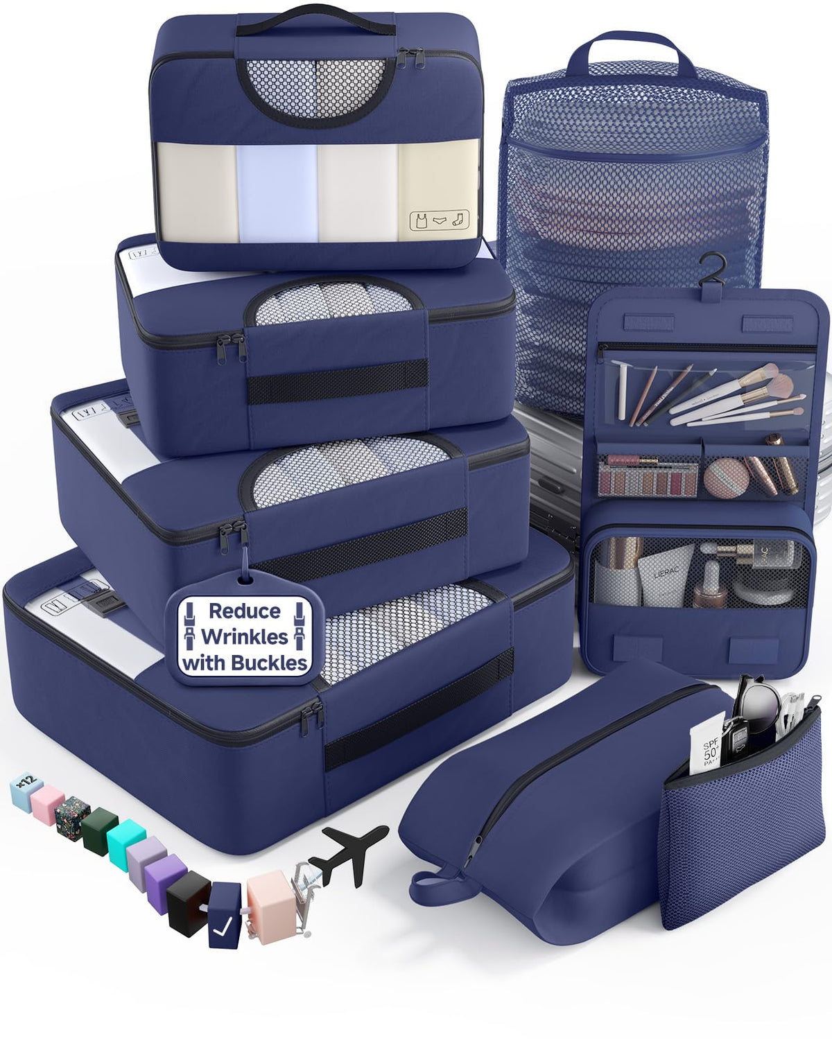 Veken 8 Set Packing Cubes for Travel Essentials,Anti-Wrinkle Buckled Suitcase Organizer for Shoe & Toiletry Bag,Carry On Luggage Bag with 99+ Count Mesh Holes for Airplane & College Dorm Accessories