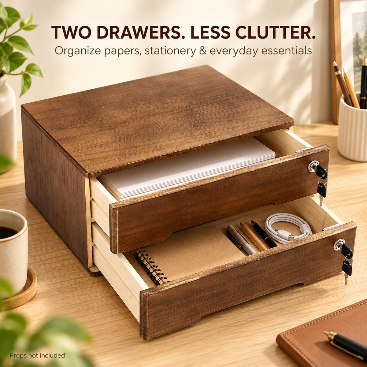 Wood 2 Drawer Desktop Organizer Cabinet with Lockable Drawers