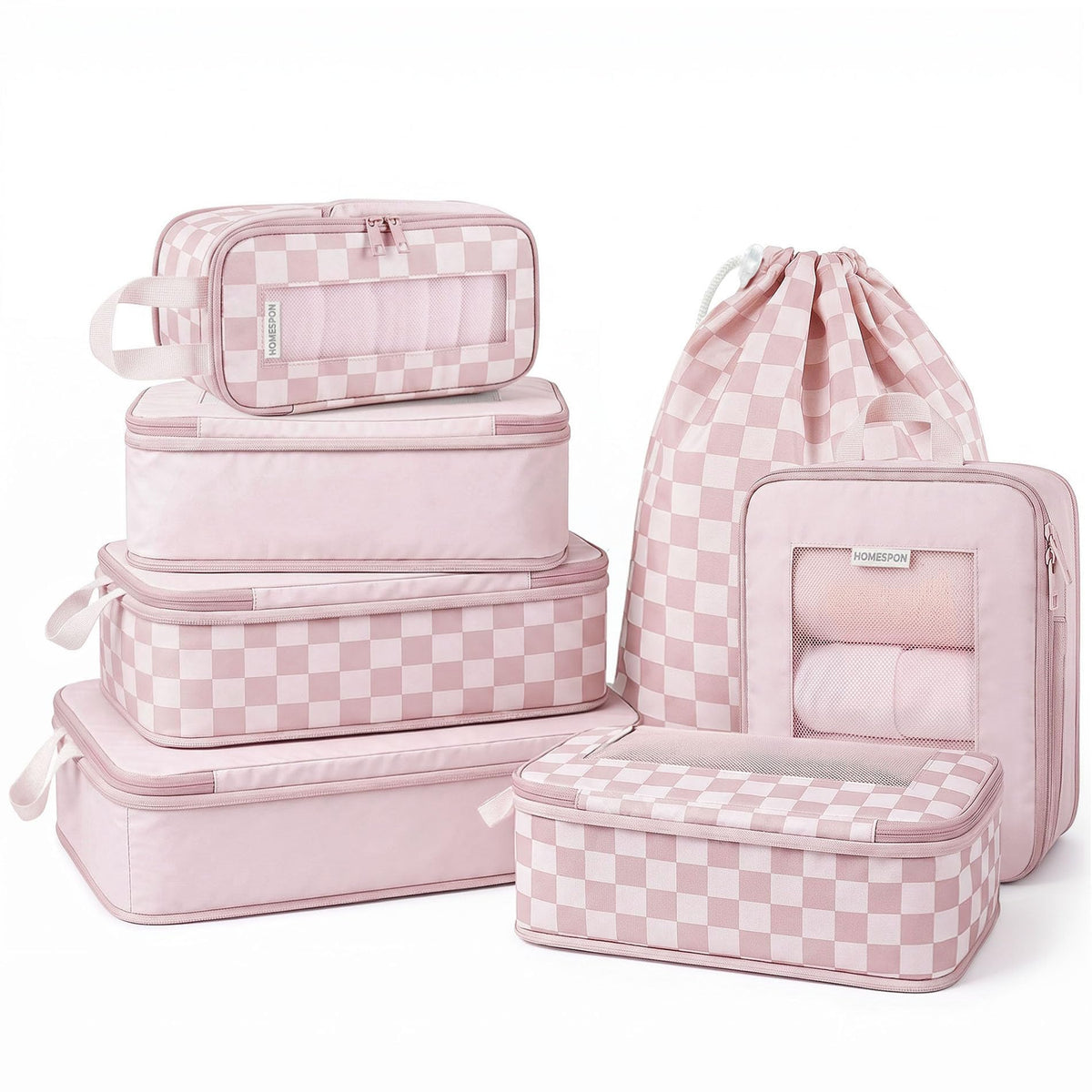 HOMESPON 7 Pcs Compression Packing Cubes for Travel, Blue Checkerboard