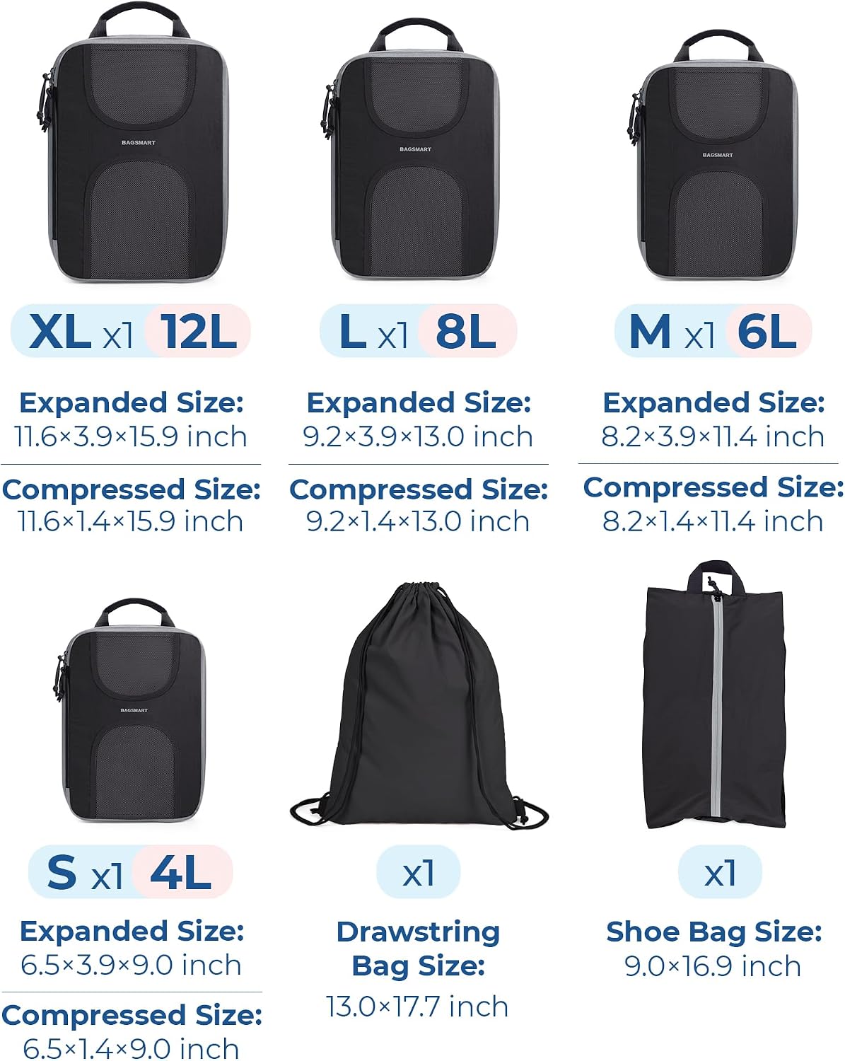BAGSMART 6 Set Compression Packing Cubes, Travel Luggage Organizer Bags
