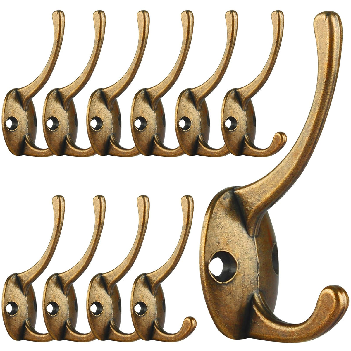 IBosins 12 Pack Antique Brass Double Coat Hooks Wall Mounted with 24 Screws
