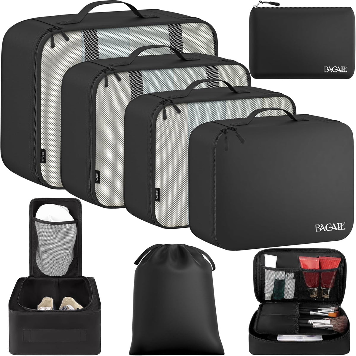 BAGAIL 8 Set Packing Cubes Luggage Packing Organizers for Travel Accessories-Jet Black