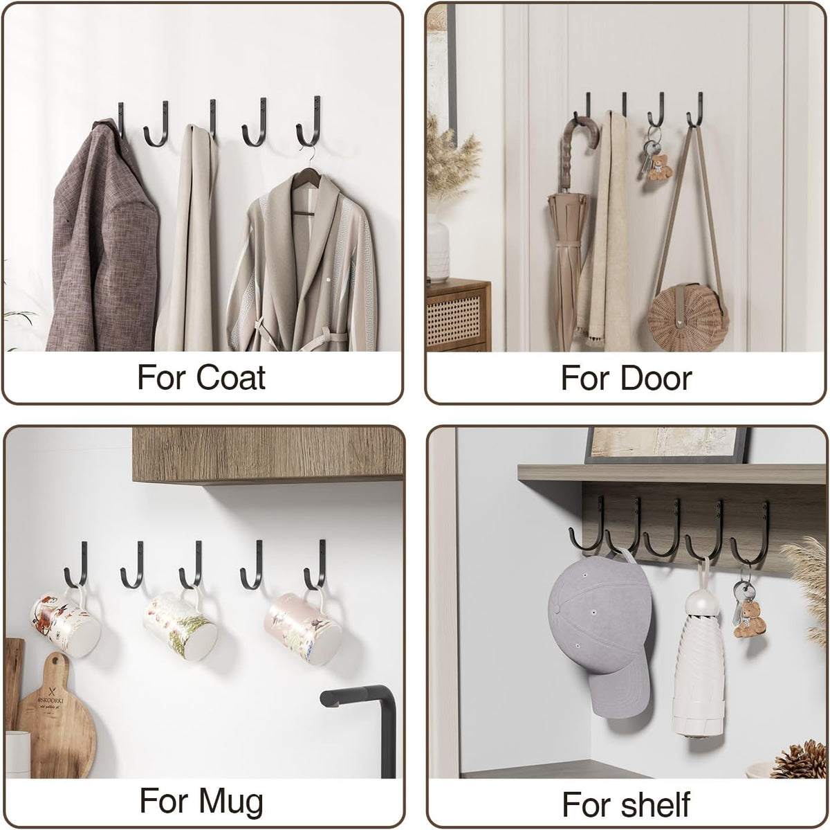 10-Pack 22LB Wall Hooks for Hanging Towel/Coat, Black