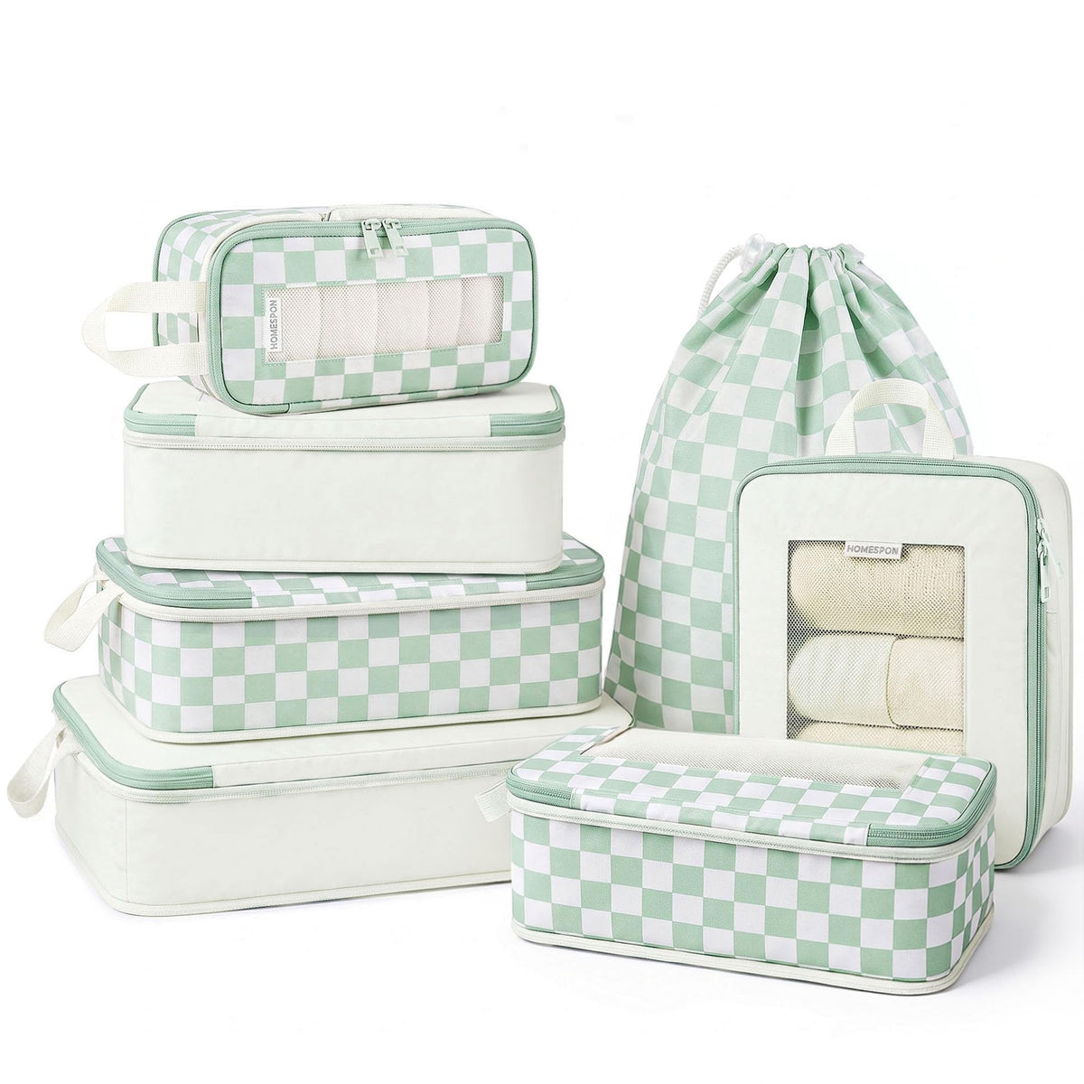 HOMESPON 7 Pcs Compression Packing Cubes for Travel, Blue Checkerboard