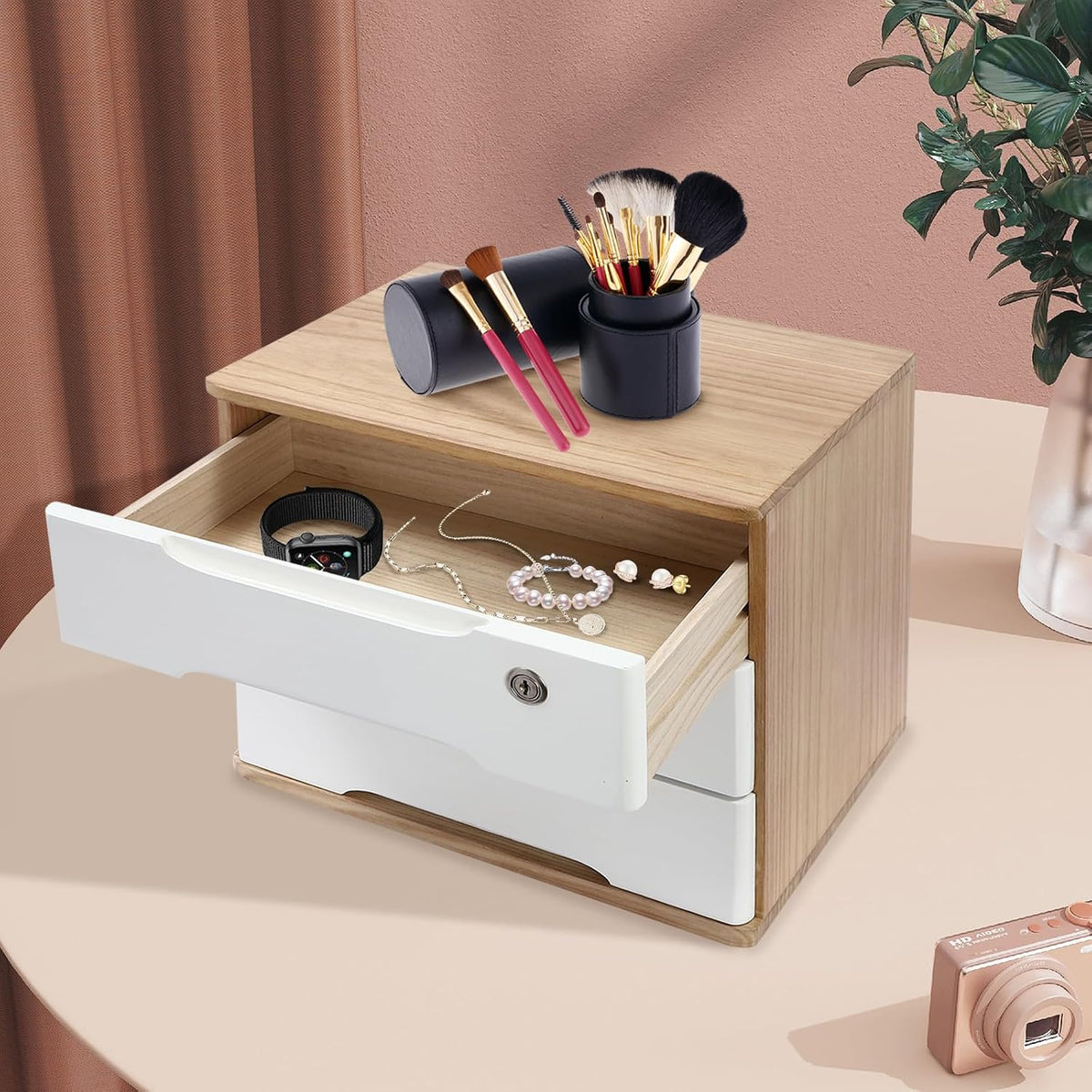 Wood Desk Organizer with 3 Drawers, Lockable Desktop Countertop Storage Cabinet for Home Office Supplies File Tabletop Storage Box, 15.35" x 11.81" x 12.2" (Wood)