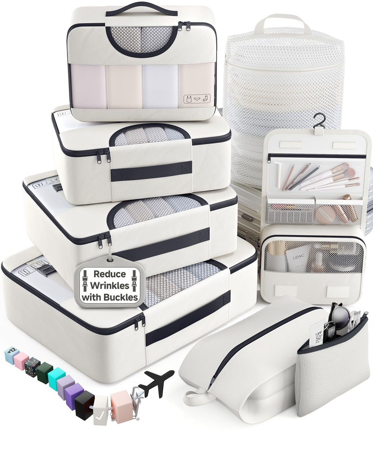 Veken 8 Set Packing Cubes for Travel Essentials,Anti-Wrinkle Buckled Suitcase Organizer for Shoe & Toiletry Bag,Carry On Luggage Bag with 99+ Count Mesh Holes for Airplane & College Dorm Accessories