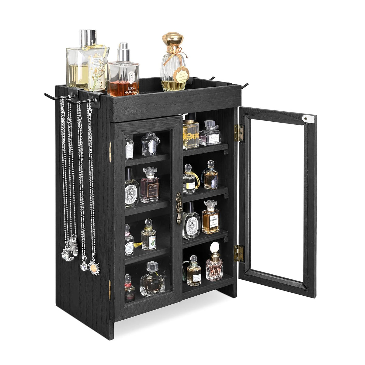 Ikee Design Wooden Countertop Storage Cabinet. Customizable Organizer with Adjustable Shelves, Glass Window Door and Removable Metal Hook. Perfect for Kitchen, Vanity, or Bathroom. Antique White
