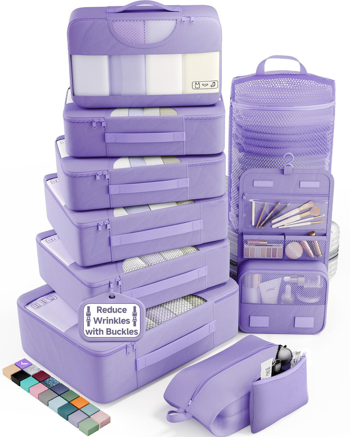Veken 8 Set Packing Cubes for Travel Essentials,Anti-Wrinkle Buckled Suitcase Organizer for Shoe & Toiletry Bag,Carry On Luggage Bag with 99+ Count Mesh Holes for Airplane & College Dorm Accessories