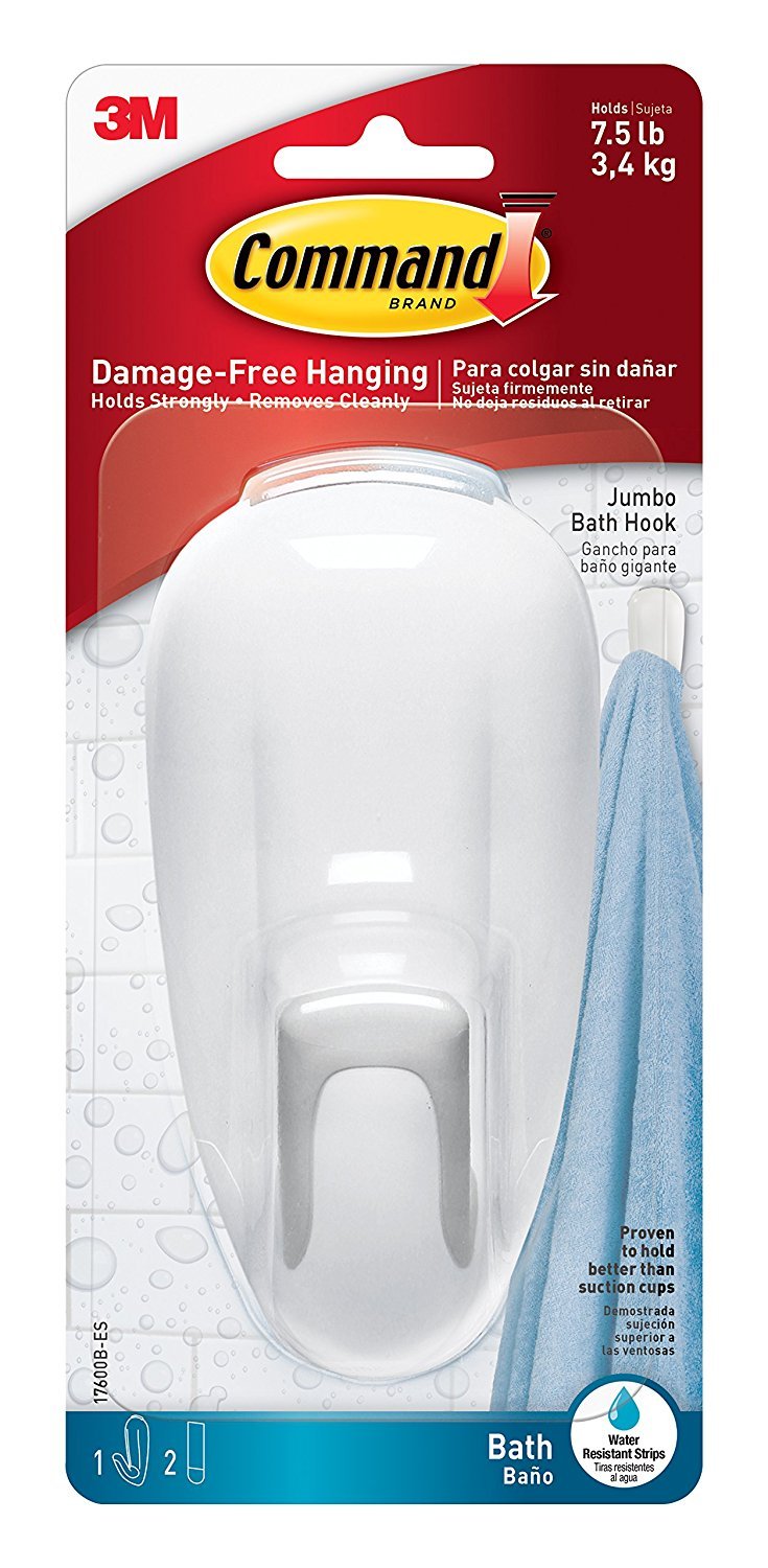 Command Large White Bath Hooks, 1 Hook, 2 Strips
