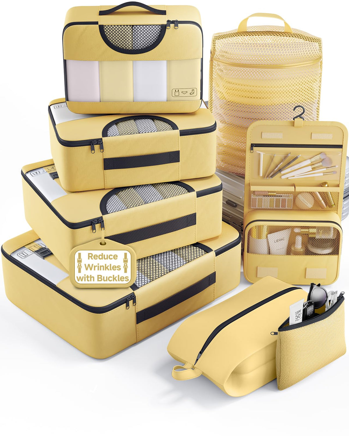 Veken 8 Set Packing Cubes for Travel Essentials,Anti-Wrinkle Buckled Suitcase Organizer for Shoe & Toiletry Bag,Carry On Luggage Bag with 99+ Count Mesh Holes for Airplane & College Dorm Accessories