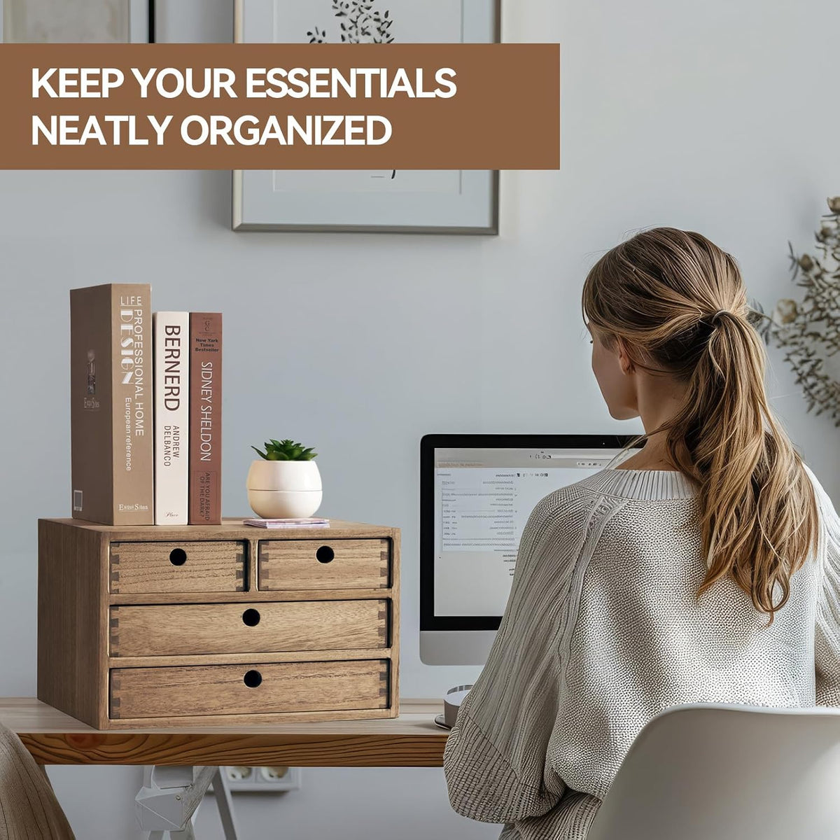 KIRIGEN Wood Desk Organizer with 4 Drawers, Desktop Storage, Brown 34-DBR