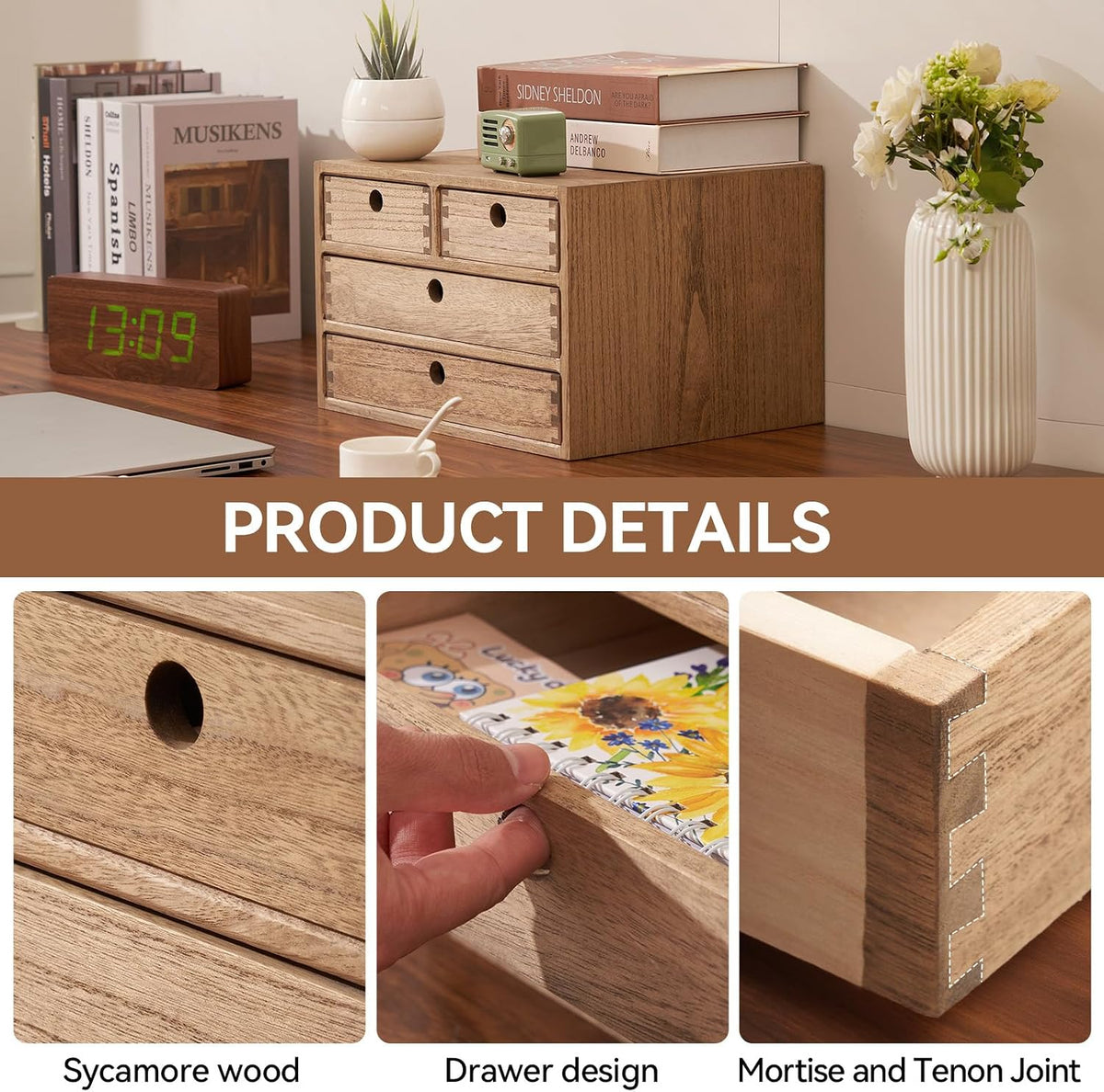 KIRIGEN Wood Desk Organizer with 4 Drawers, Desktop Storage, Brown 34-DBR
