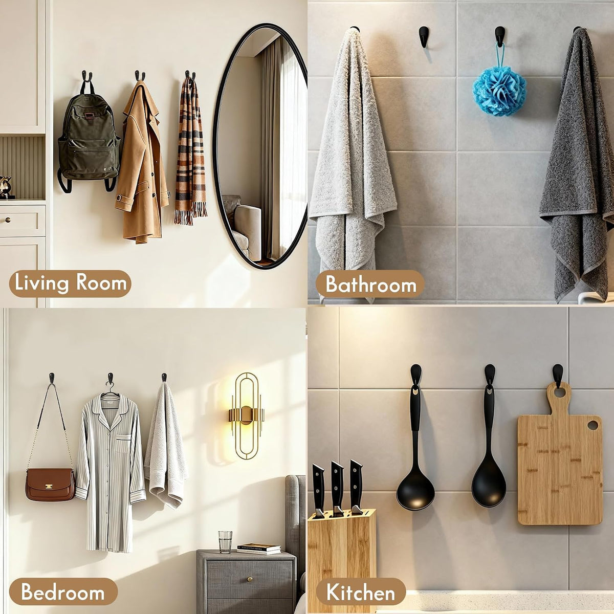 CBWLWJ 16 Pack Coat Hooks Wall Mounted Single Prong Robe Wall Hooks for Hanging Towel Hooks for Living Room, Bathroom, Kitchen, Bedroom for Coat, Bag, Scarf, Towel, Hat, Key, Cup (Black)