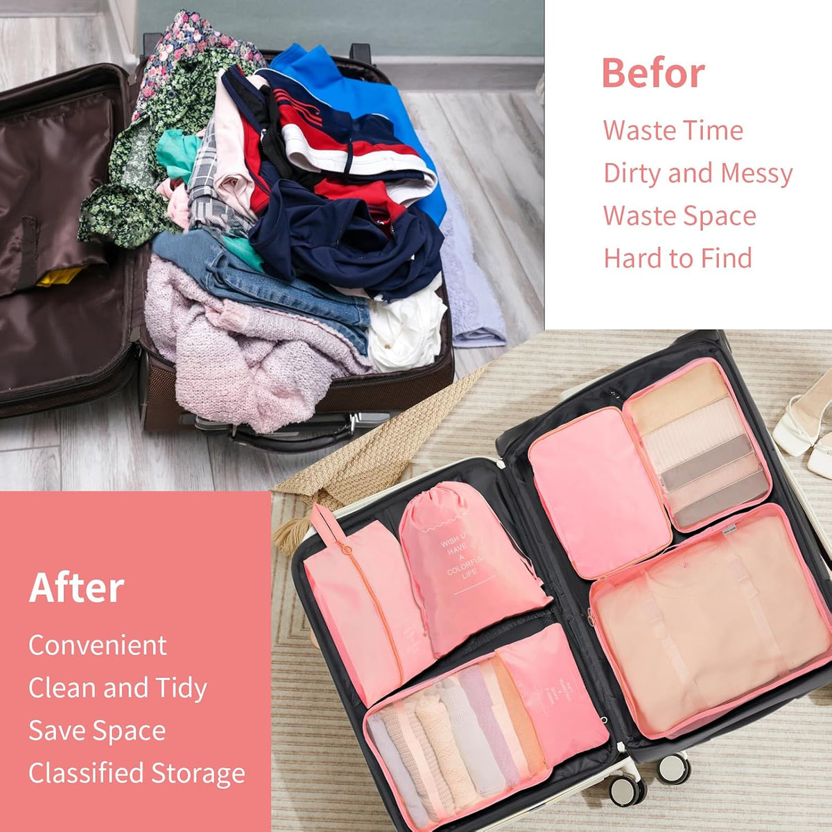 7PCS Packing Cubes for Suitcases, Travel Luggage Organizer Bags, Suitcase Organizer Bags Set for Carry on Luggage Travel Essentials, Pink