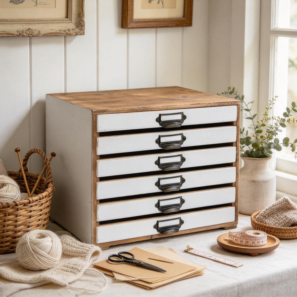 Wooden Desktop Organizer Cabinet with 6-Drawer Rustic Wood Shelf Drawer Antique Card Catalog Cabinet Distressed Decor Jewelry Cosmetics Craft Paper Storage Box for Home Office