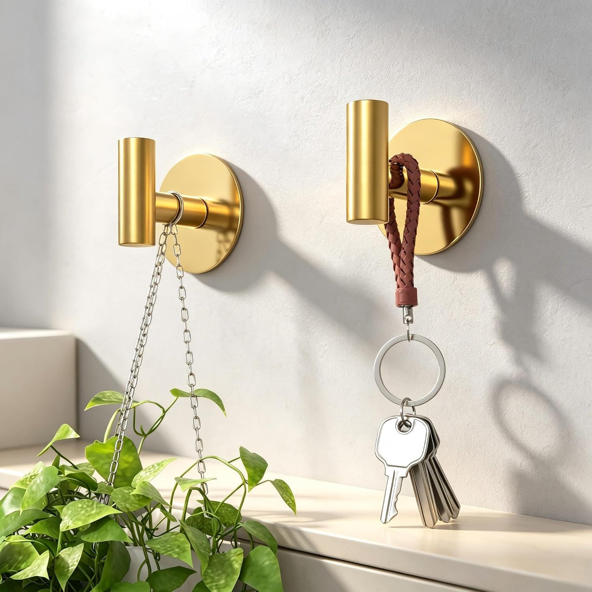 Gold Stainless Steel Wall Hooks, Heavy Duty Self-Adhesive Hooks for Coats, Towels, Robes, Hats, Aprons – No Drill Bathroom, Kitchen, Hotel (2 Pack)