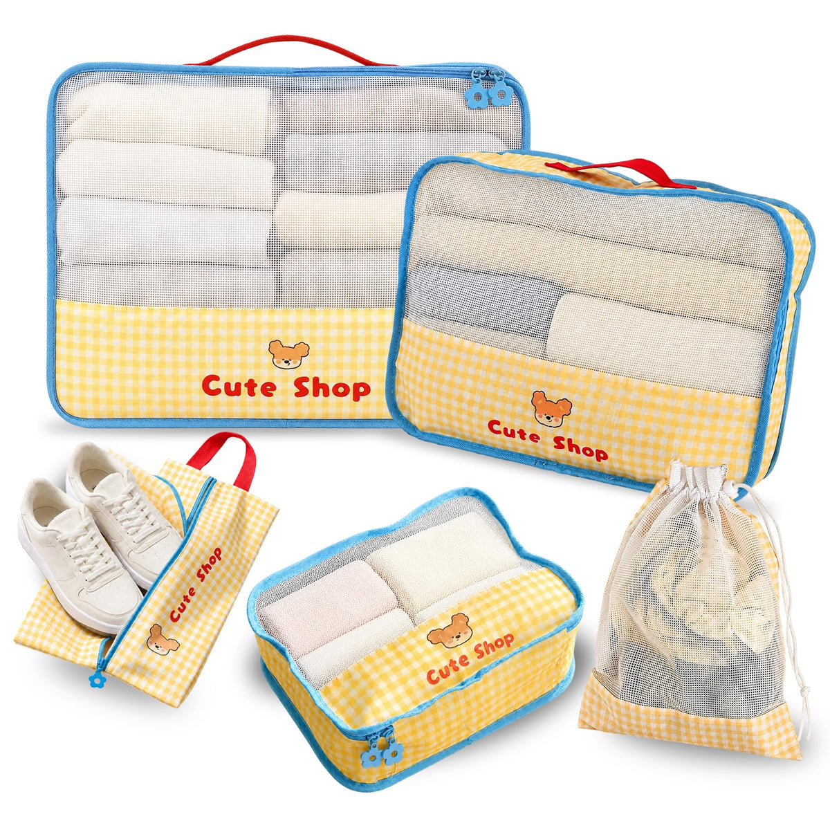 Cute Packing Cubes, 5-Piece Luggage Organizer, Shoe & Laundry Bags