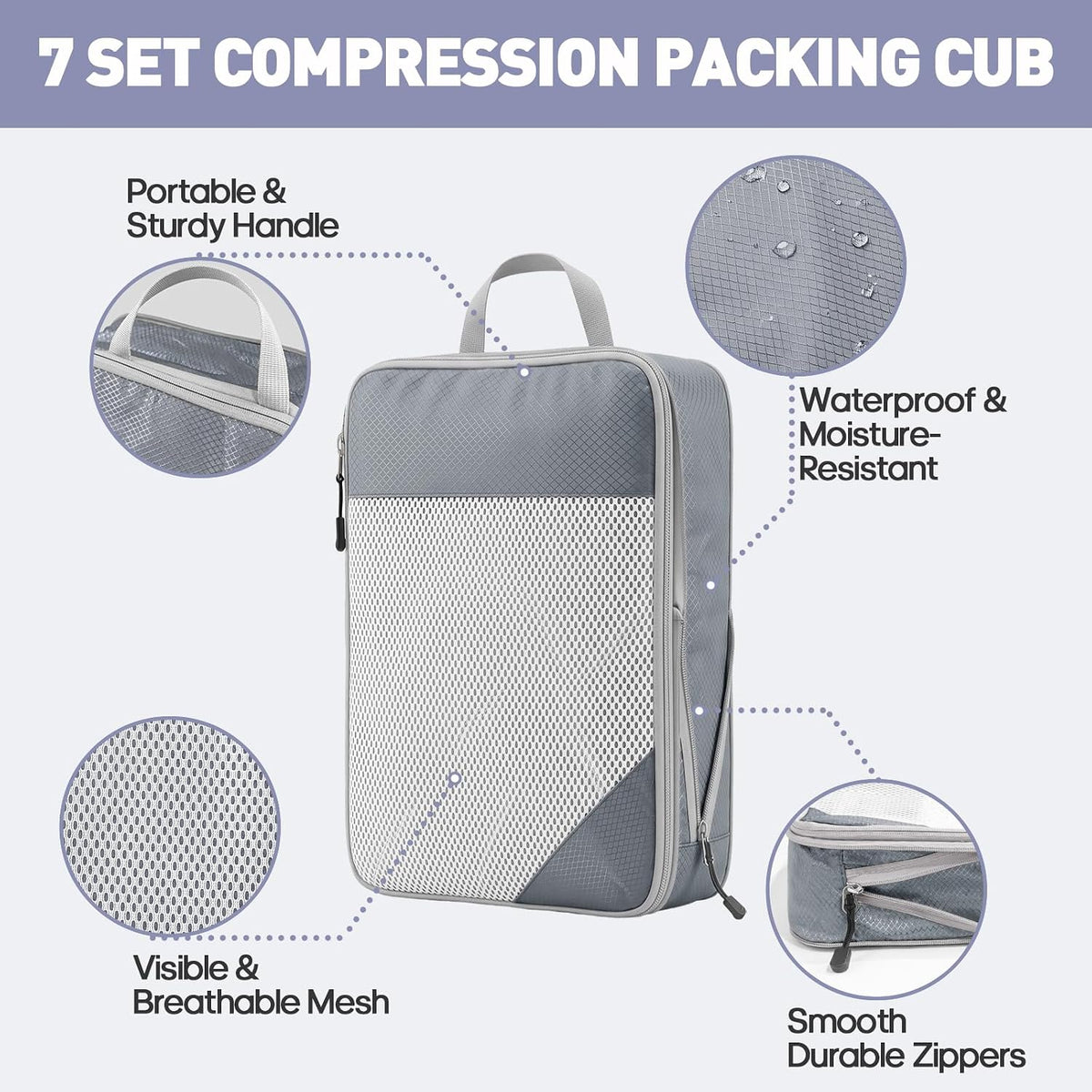 Sutinban 7-Piece Compression Packing Cubes for Travel, 6 Expandable Luggage Organizer Bags and Shoe Bag, Water-Resistant Mesh Suitcase Organizers, Grey