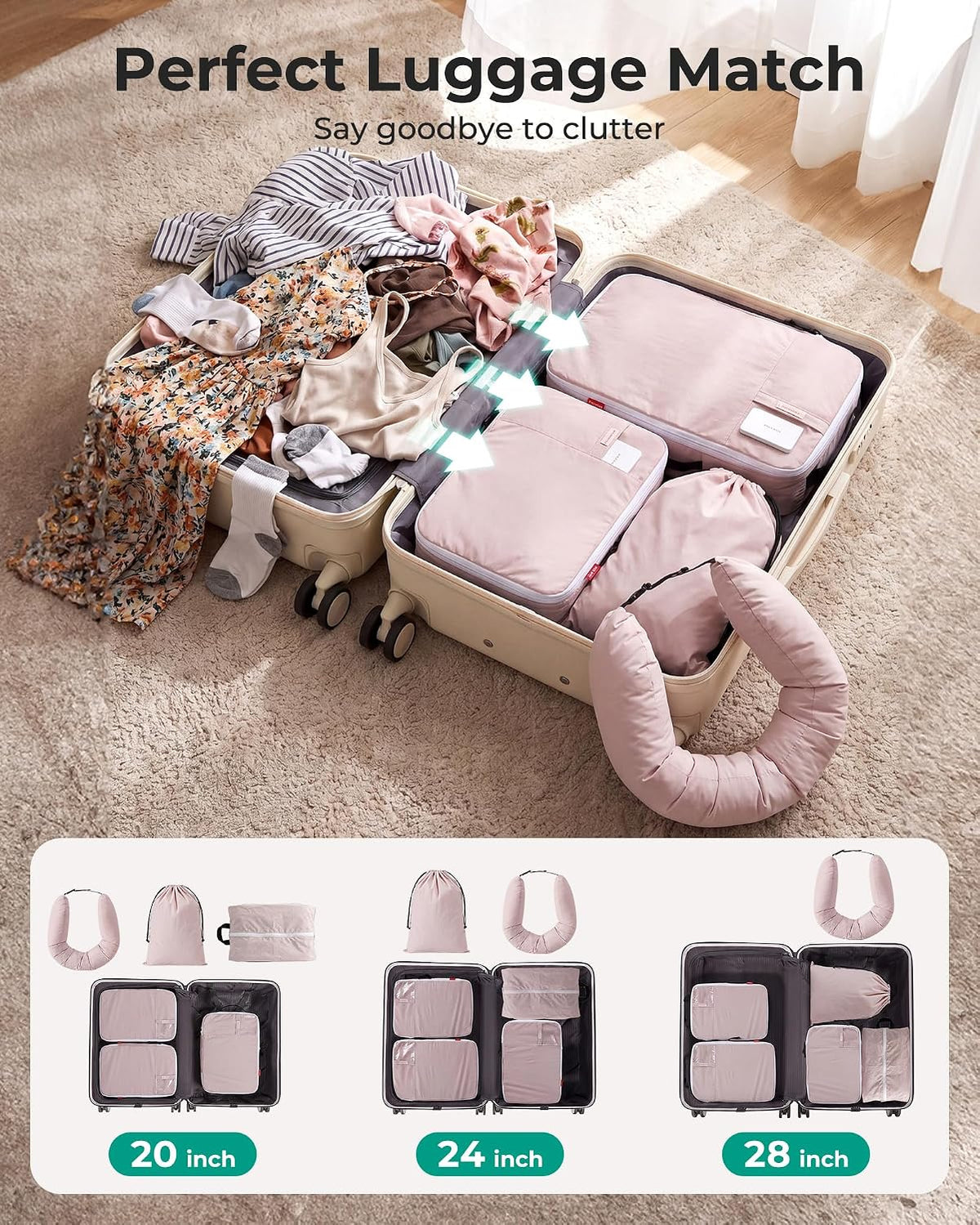 BAGSMART 6 Set Compression Packing Cubes with Fillable Neck Pillow