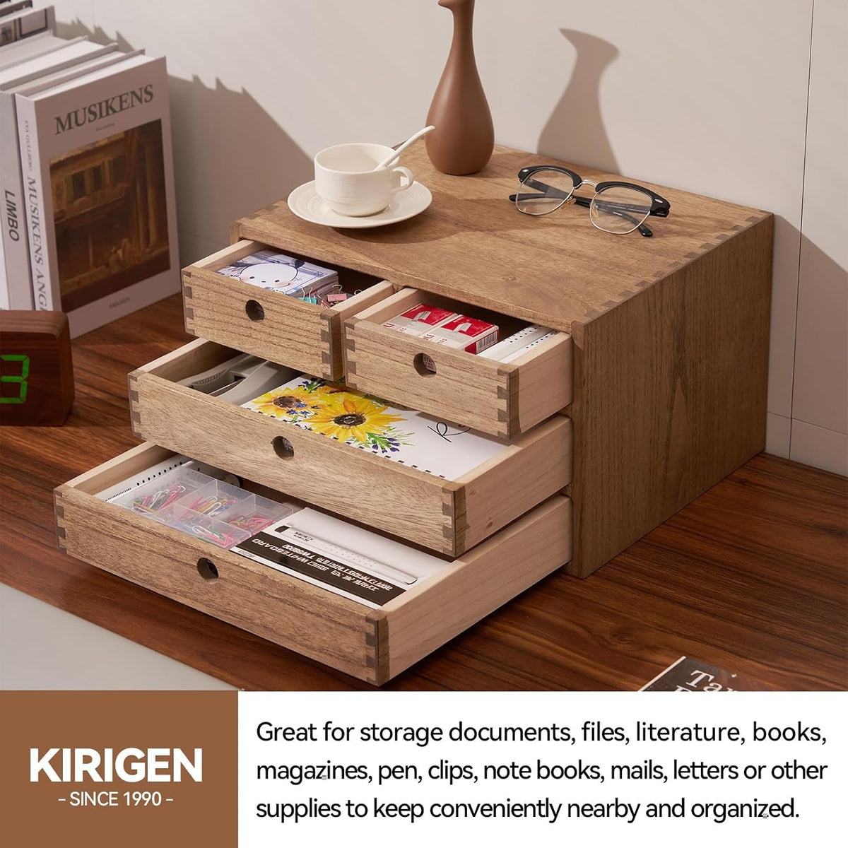KIRIGEN Wood Desk Organizer with 4 Drawers, Desktop Storage, Brown 34-DBR