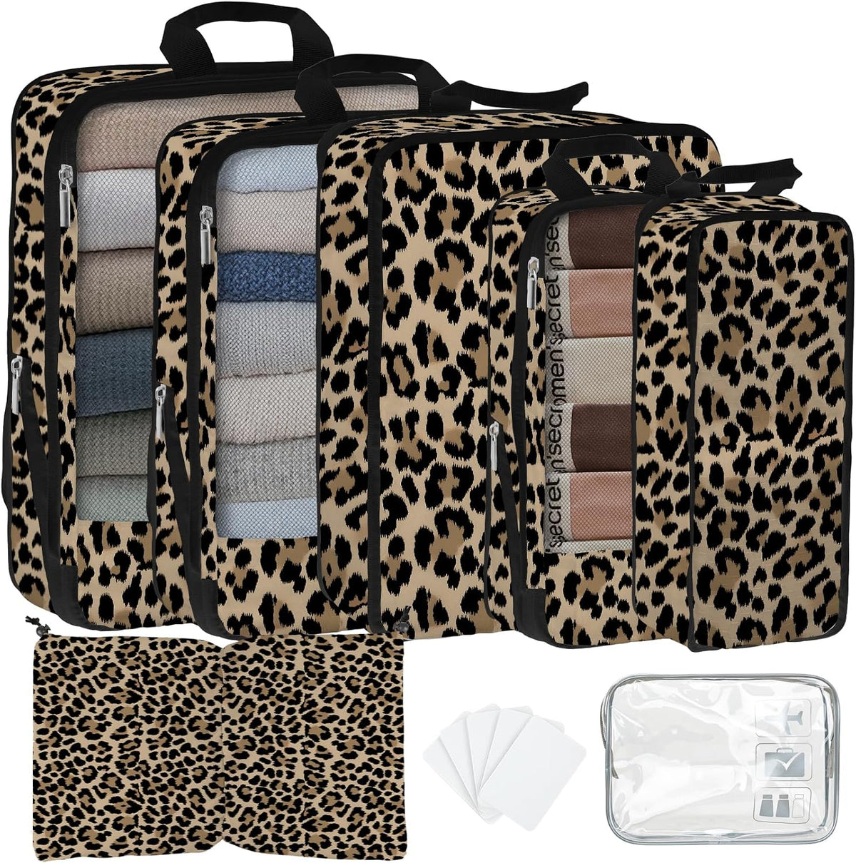 7 Pcs Compression Packing Cubes for Travel, Waterproof Suitcase Luggage Backpack Organizer with Toiletry Bag Travel Essentials for Women/Men-Leopard