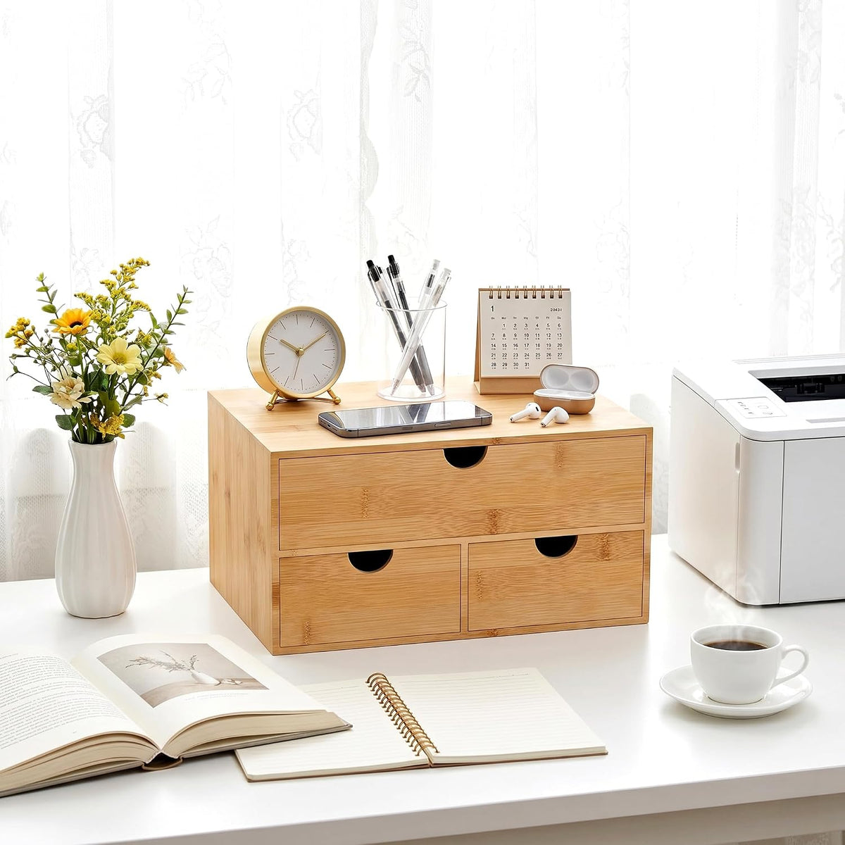 Bamboo Desk Organizer with Drawers, Desktop Storage for Office Supplies