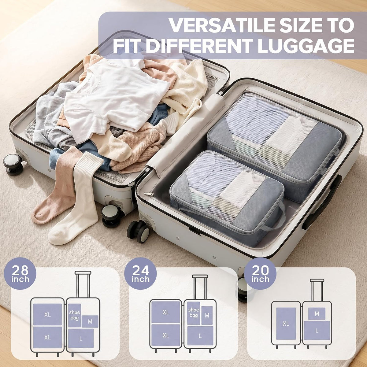 Sutinban 7-Piece Compression Packing Cubes for Travel, 6 Expandable Luggage Organizer Bags and Shoe Bag, Water-Resistant Mesh Suitcase Organizers, Grey