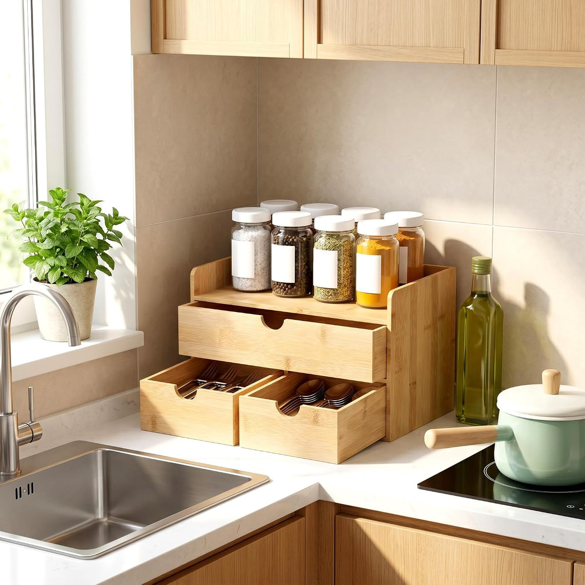 Bamboo Desk Organizer with Drawers, Desktop Storage for Office Supplies