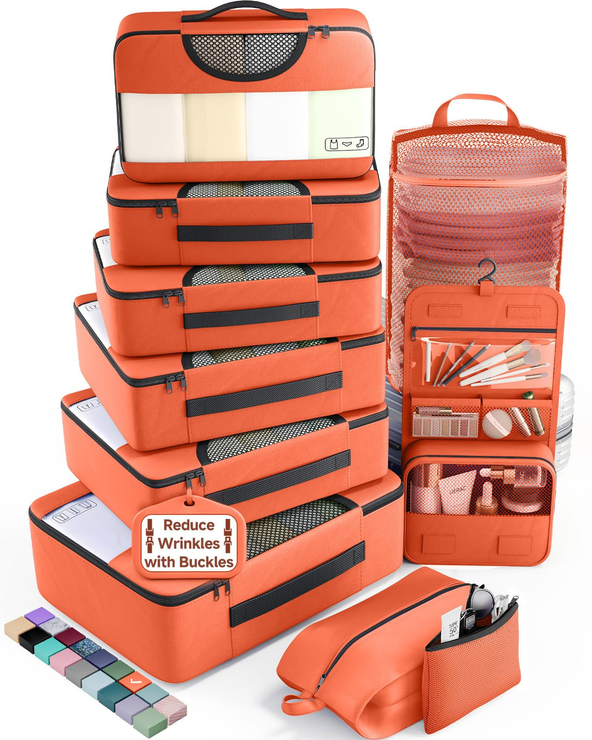Veken 8 Set Packing Cubes for Travel Essentials,Anti-Wrinkle Buckled Suitcase Organizer for Shoe & Toiletry Bag,Carry On Luggage Bag with 99+ Count Mesh Holes for Airplane & College Dorm Accessories