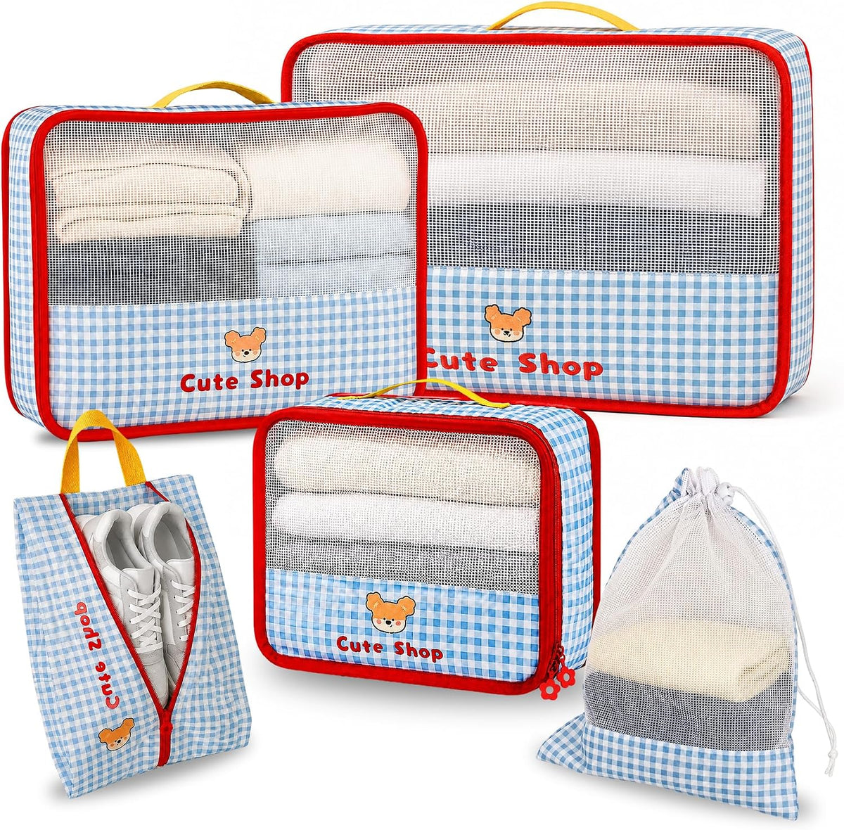 Cute Packing Cubes, 5-Piece Luggage Organizer, Shoe & Laundry Bags