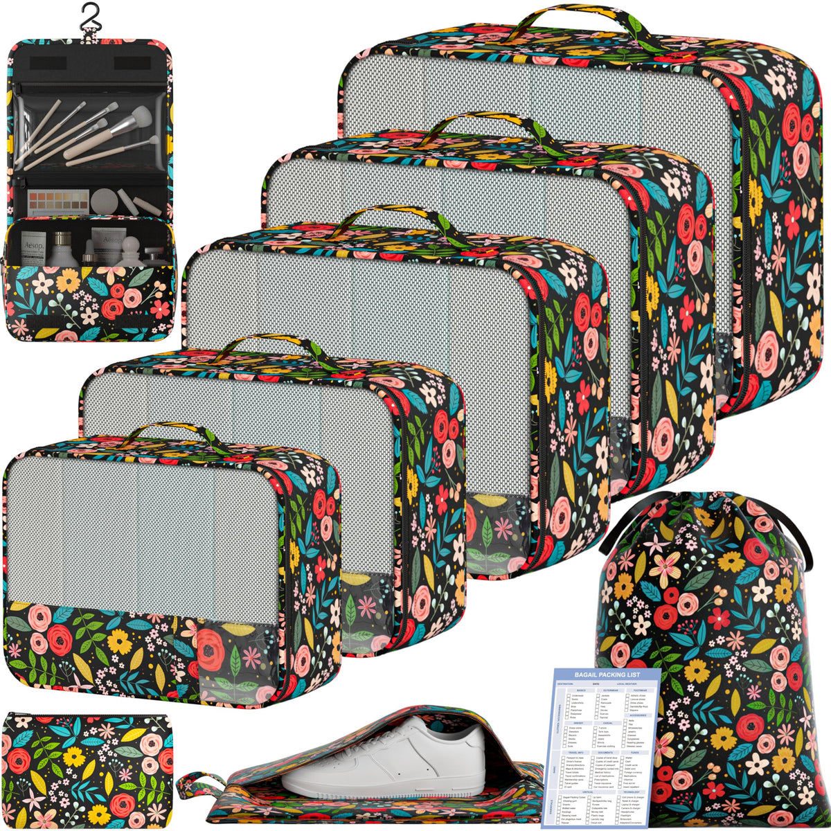 BAGAIL 9 Set Packing Cubes with Packing List Luggage Packing Organizers for Travel Accessories (Black)