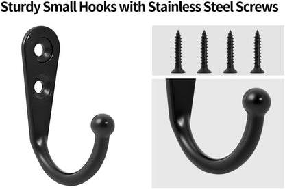 20 Pcs Key Hooks Coat Hooks for Hanging, Key Holder, Wall Mount Hook with Stainless Steel Screws, Black Hooks Utility Hangers for Key, Hat, Cup, Coat, Picture (Black)