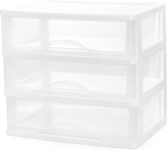 BYCY Plastic Stackable Storage 3 Drawers, White Bathroom Makeup Organizer with Wide Clear Drawers Tabletop Drawer Organizer for Desk,Easily Assemble for Fridge,Bathroom,Cabinet