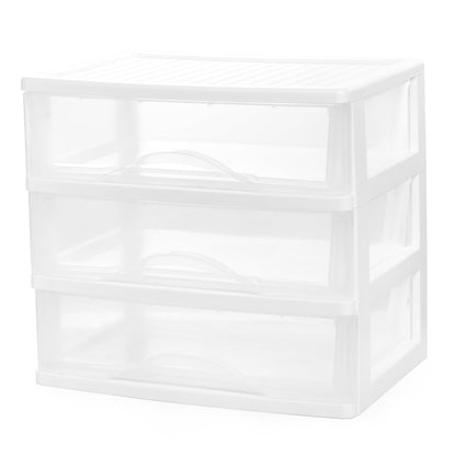 BYCY Plastic Stackable Storage 3 Drawers, White Bathroom Makeup Organizer with Wide Clear Drawers Tabletop Drawer Organizer for Desk,Easily Assemble for Fridge,Bathroom,Cabinet