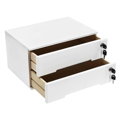 2-Tier Wooden Desktop Storage Box with Lockable Drawers, Flat File Cabinet Small Wooden Box Organizer for Office Supplies Installation-free, 15.75×11×8.66in (Walnut)