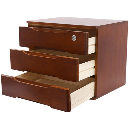 Wood Desk Organizer with 3 Drawers, Lockable Desktop Countertop Storage Cabinet for Home Office Supplies File Tabletop Storage Box, 15.35" x 11.81" x 12.2" (Wood)
