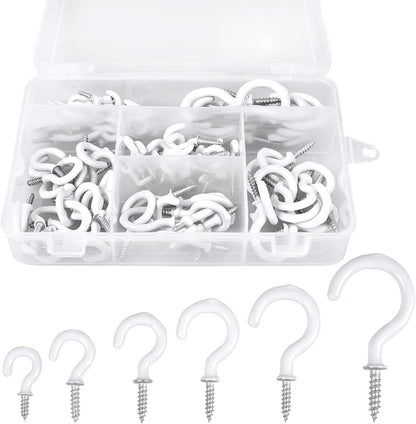 Romeda 90 Pcs White Ceiling Hooks kit, 6 Sizes Vinyl Coated Screw-in Plant, Kitchen, Cup, Ceiling Hooks for Hanging (1/2in, 5/8in,3/4in,7/8in,1'',1-1/4in)